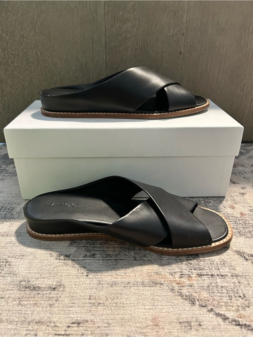 Vince “Fairley” Black Leather Crisscross Slide Sandals